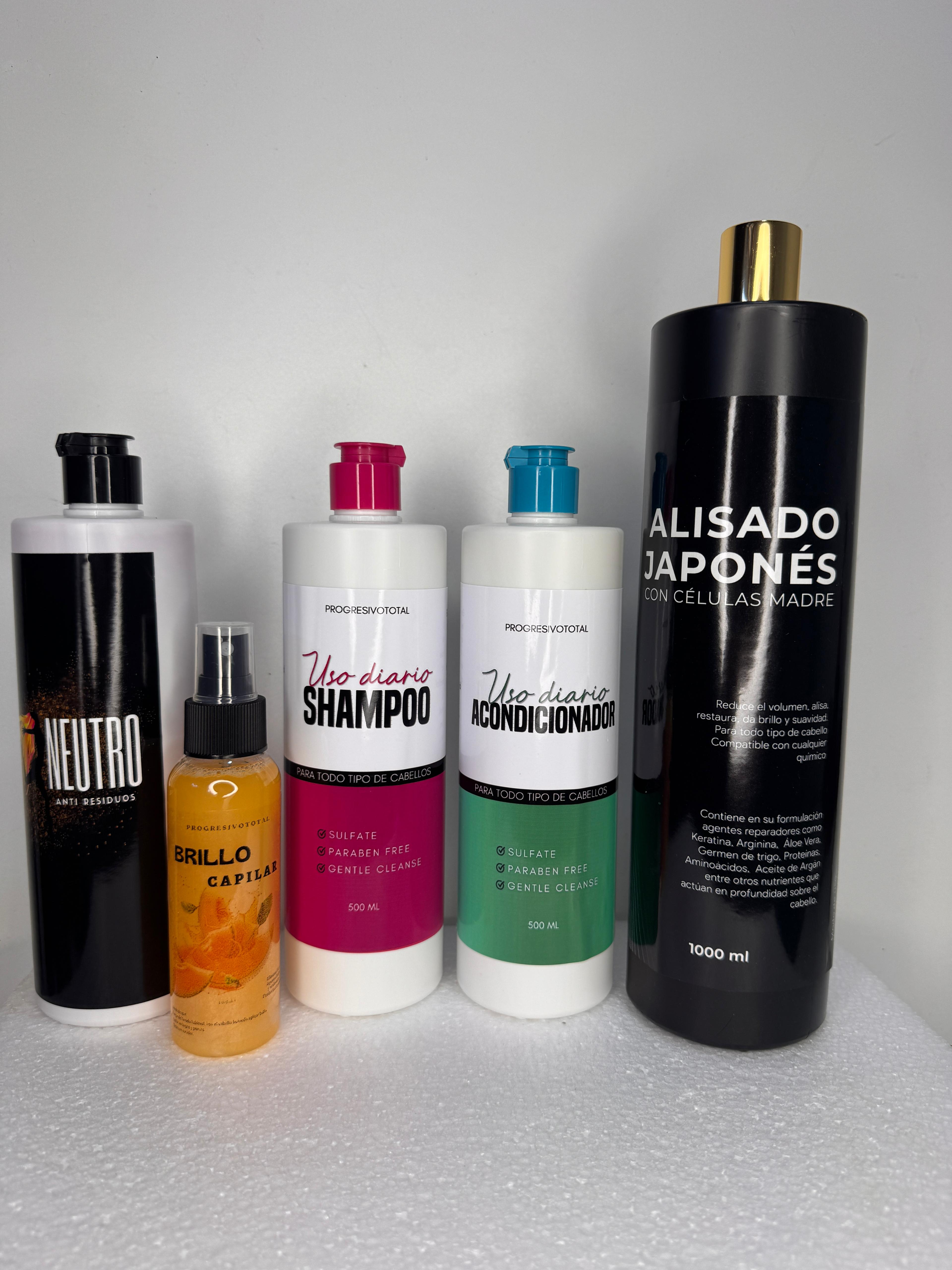 Kit Más Brillo - Alisado Japonés + Shampoo Neutro + Kit Post Alisado + Brillo Capilar