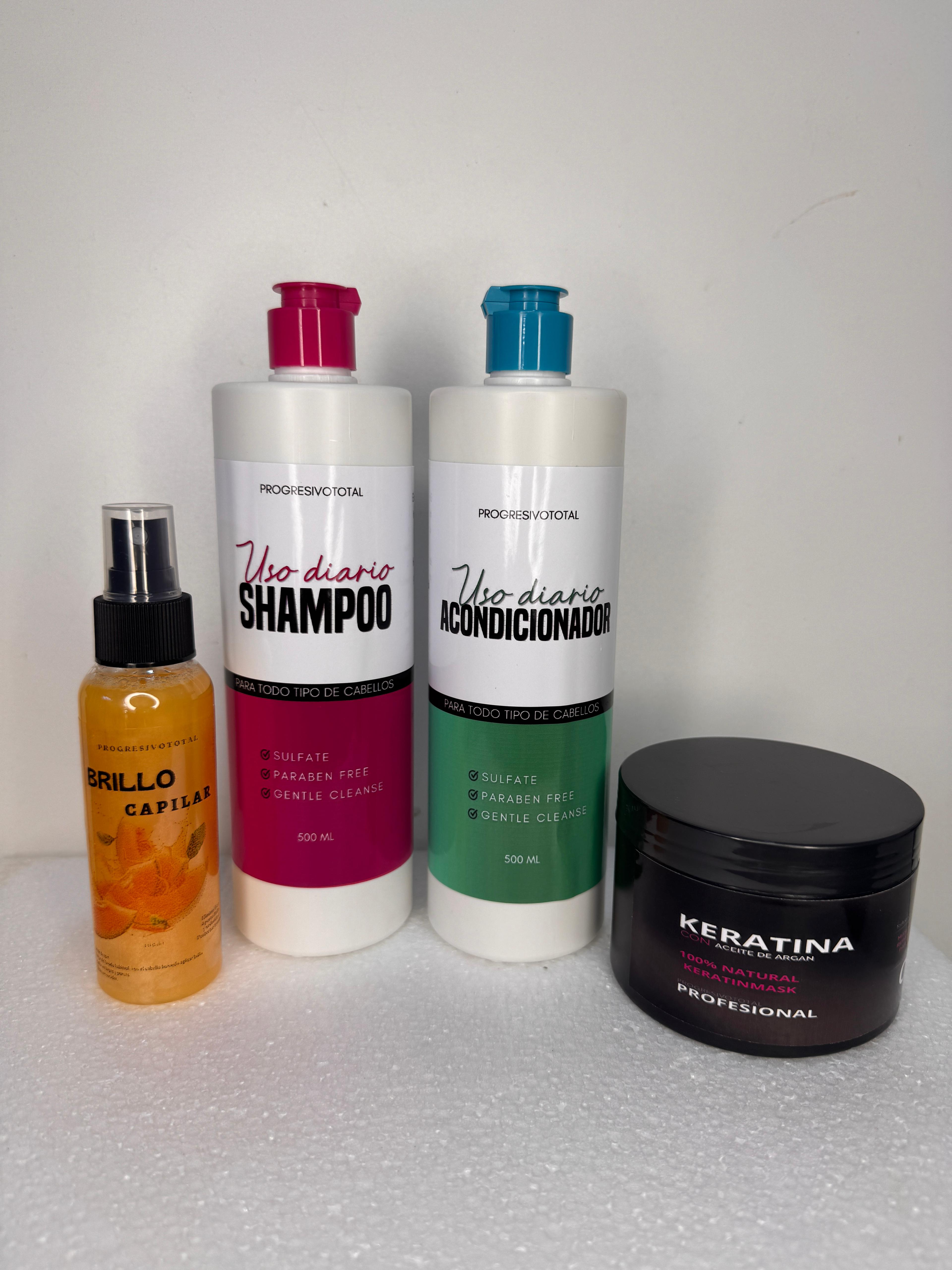Kit de Mantenimiento Capilar Progresivo Total - Shampoo + Acondicionador + Keratina + Brillo