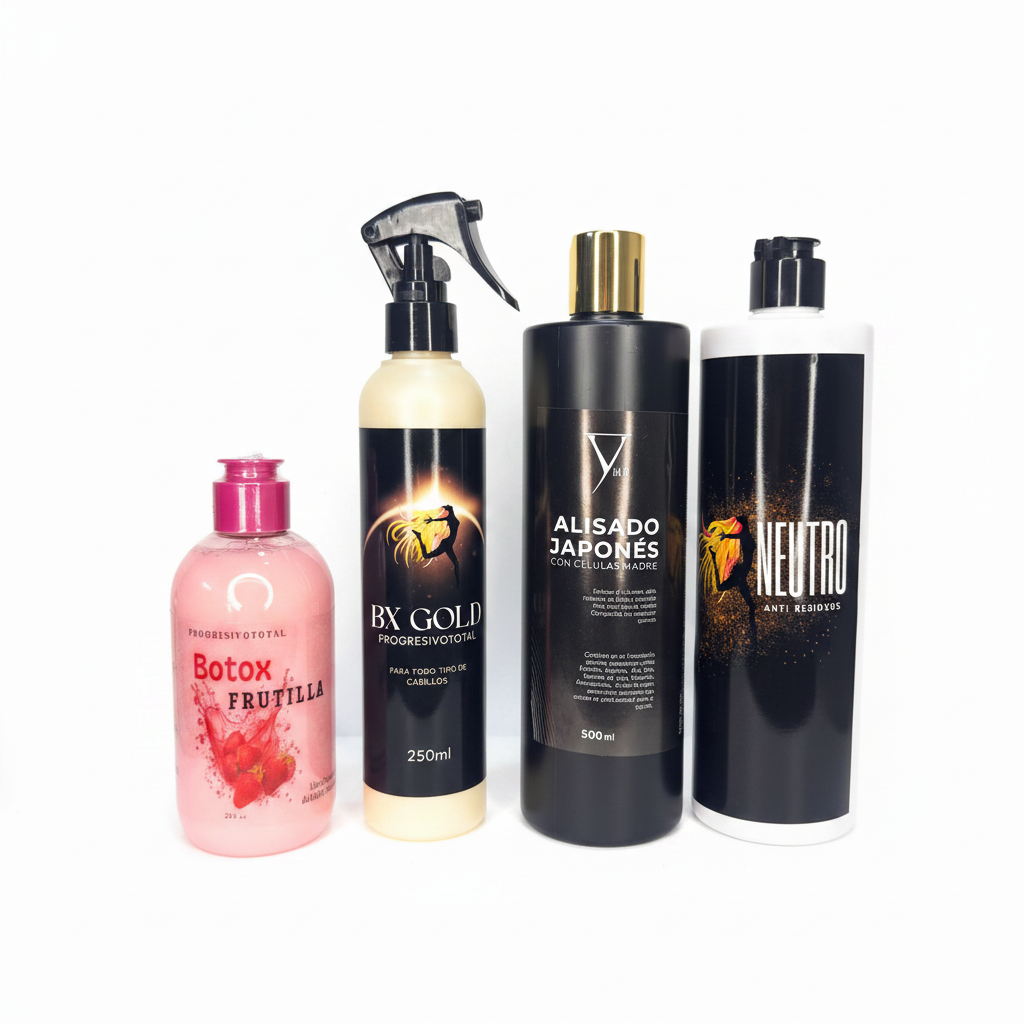 Kit Alisado Japonés + Botox Frutilla + BX Gold + Shampoo Neutro Progresivo Total fondo blanco
