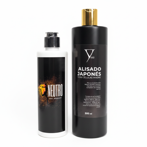 Alisado Japonés 500cc + Shampoo Neutro Anti Residuos 250cc fondo blanco