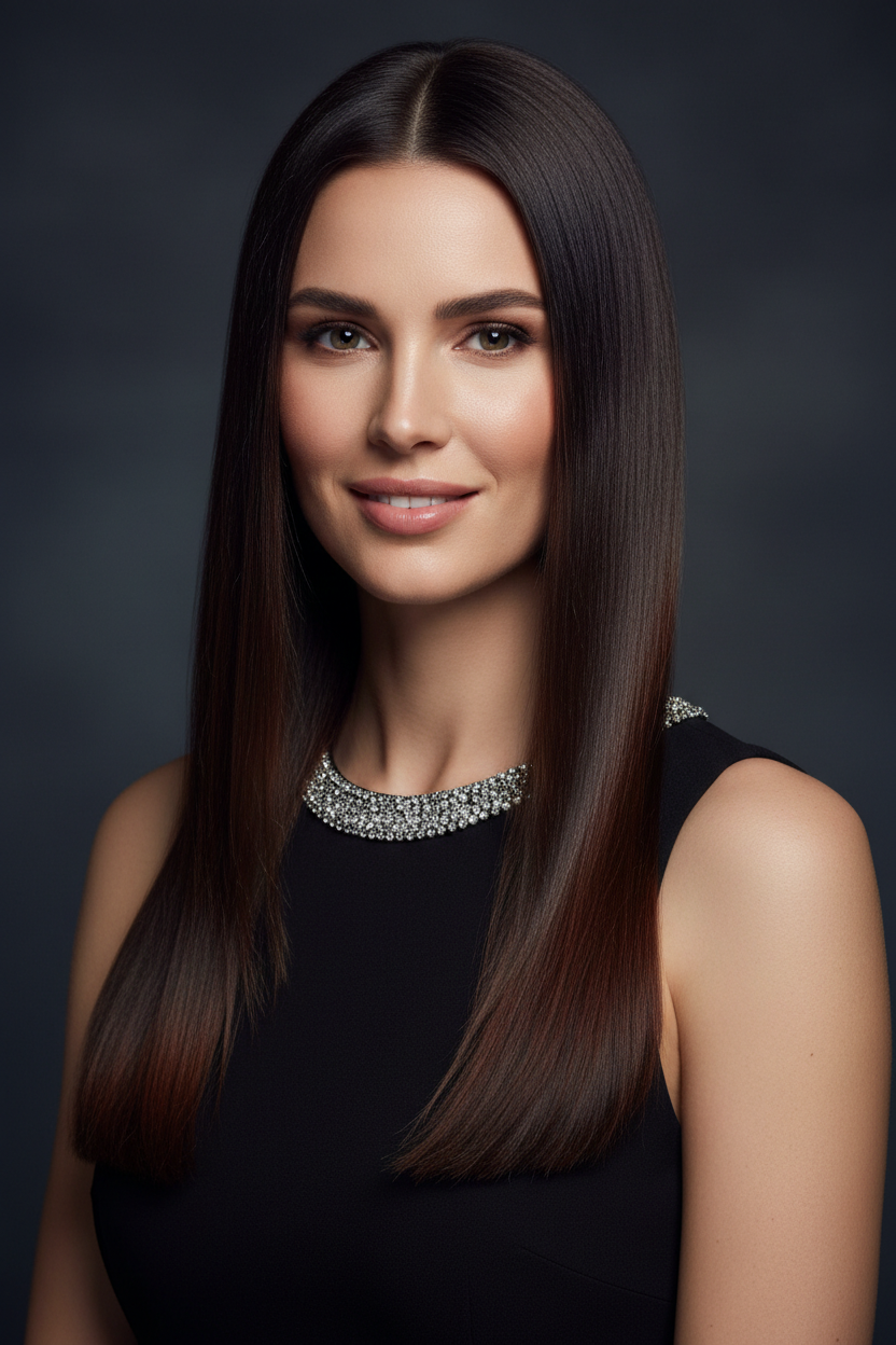 Mujer con cabello lacio y brilloso